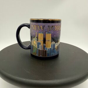 Vintage New York City Skyline Mug World Trade Center Twin Towers Gold Rim Navy